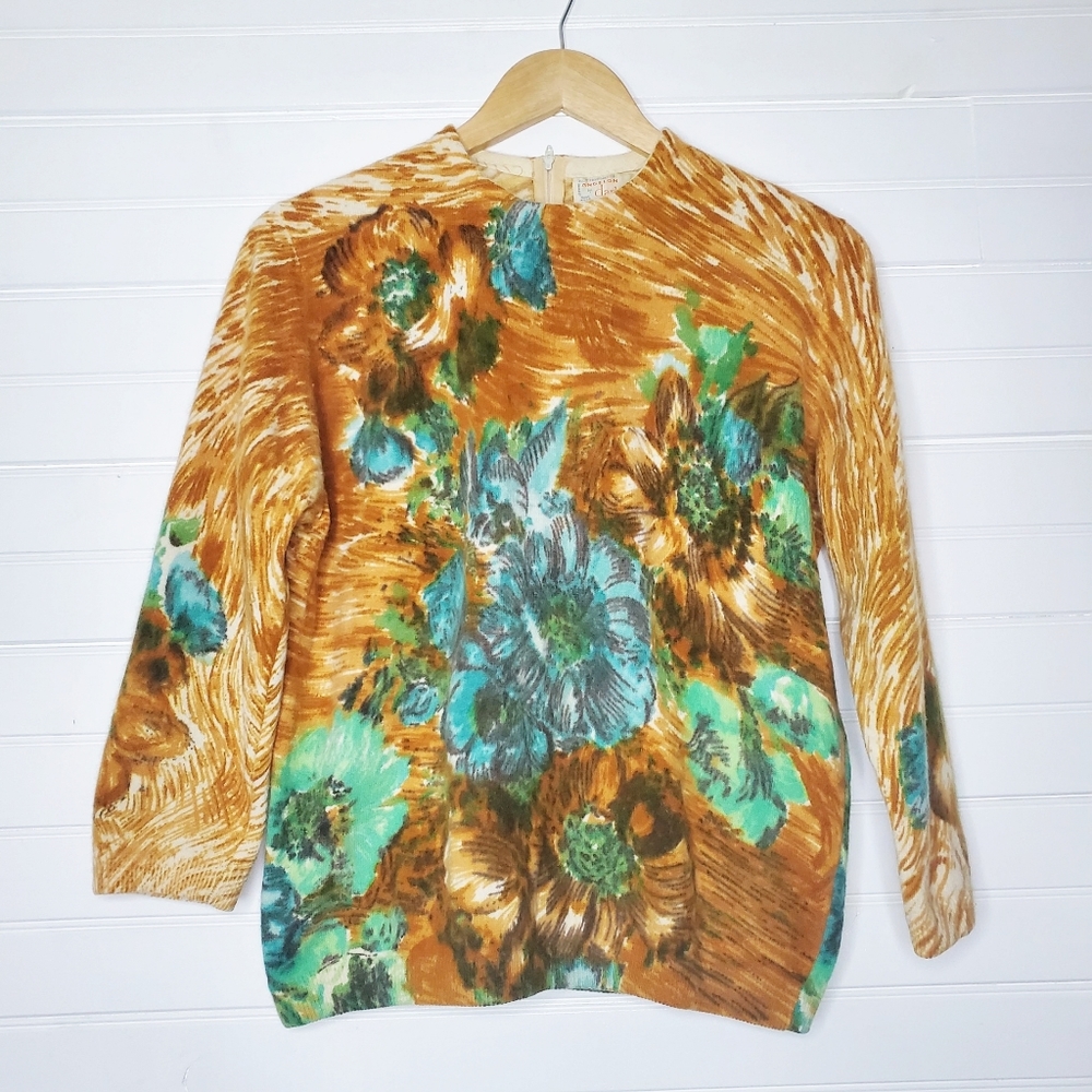 Angelon by Darlene Vintage Angora Wool Floral Hand Screen Print Sweater